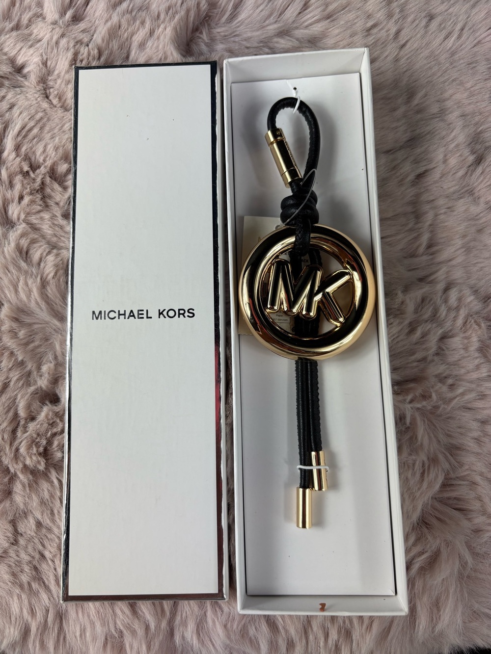 Leather MK Pop Charm Black Gold Bag Keychain NIB